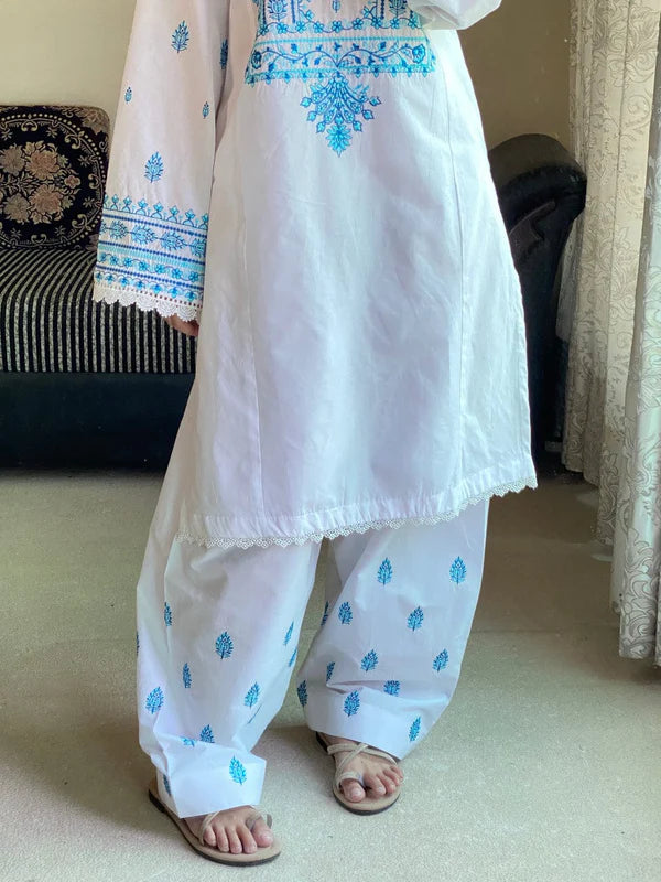 WHITE/BLUE LAWN 3PC ( FARSHI SHALWAR) - Stylosefashion
