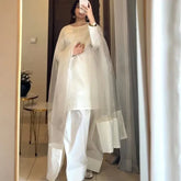 SILK WHITE LUXURY 3PC WITH FARSHI SHALWAR - Stylosefashion