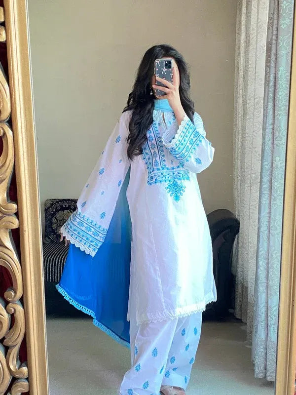 WHITE/BLUE LAWN 3PC ( FARSHI SHALWAR) - Stylosefashion