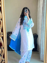 WHITE/BLUE LAWN 3PC ( FARSHI SHALWAR) - Stylosefashion