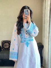WHITE/BLUE LAWN 3PC ( FARSHI SHALWAR) - Stylosefashion