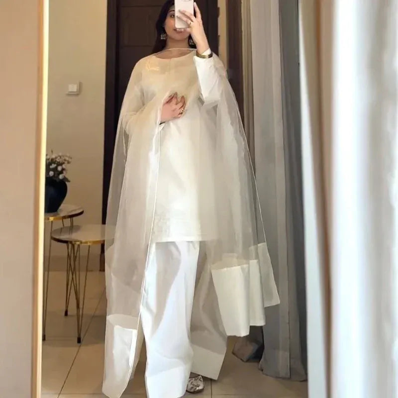SILK WHITE LUXURY 3PC WITH FARSHI SHALWAR - Stylosefashion