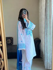WHITE/BLUE LAWN 3PC ( FARSHI SHALWAR) - Stylosefashion