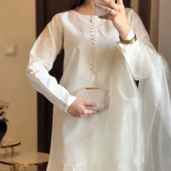 SILK WHITE LUXURY 3PC WITH FARSHI SHALWAR - Stylosefashion