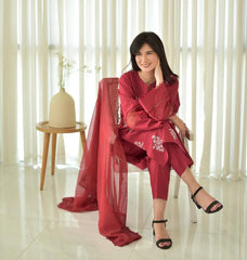 HORIYA MEHROON LAWN CORD SET - Stylosefashion