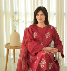 HORIYA MEHROON LAWN CORD SET - Stylosefashion